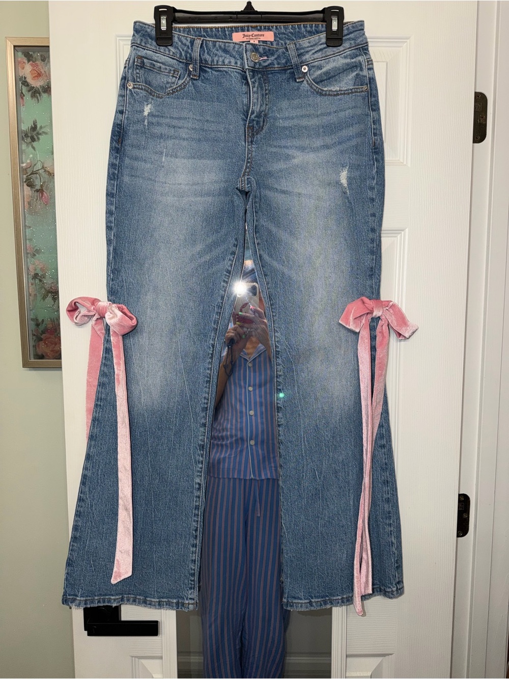 Juicy Couture Blue Denim Flare Jeans with Pink Velvet Side Bows